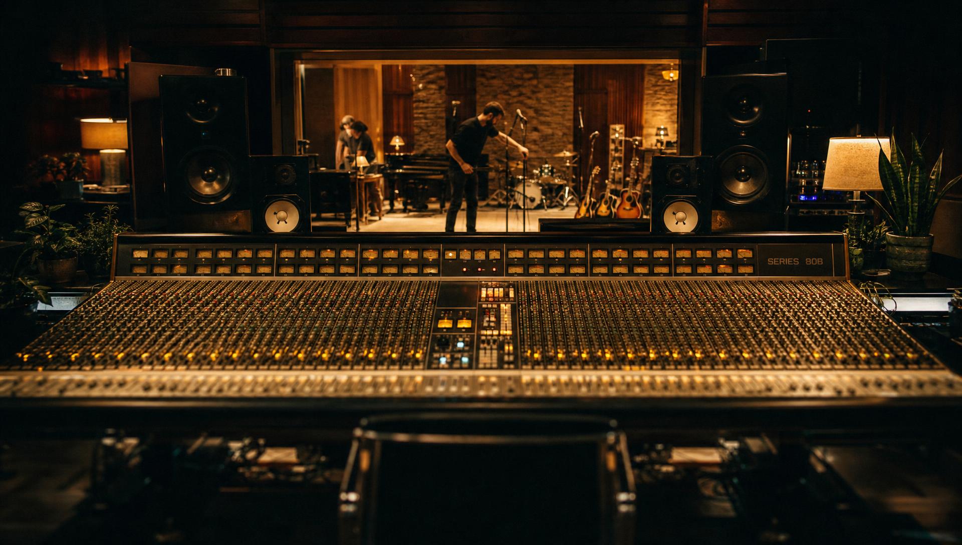 A warmly lit high-end recording studio control room